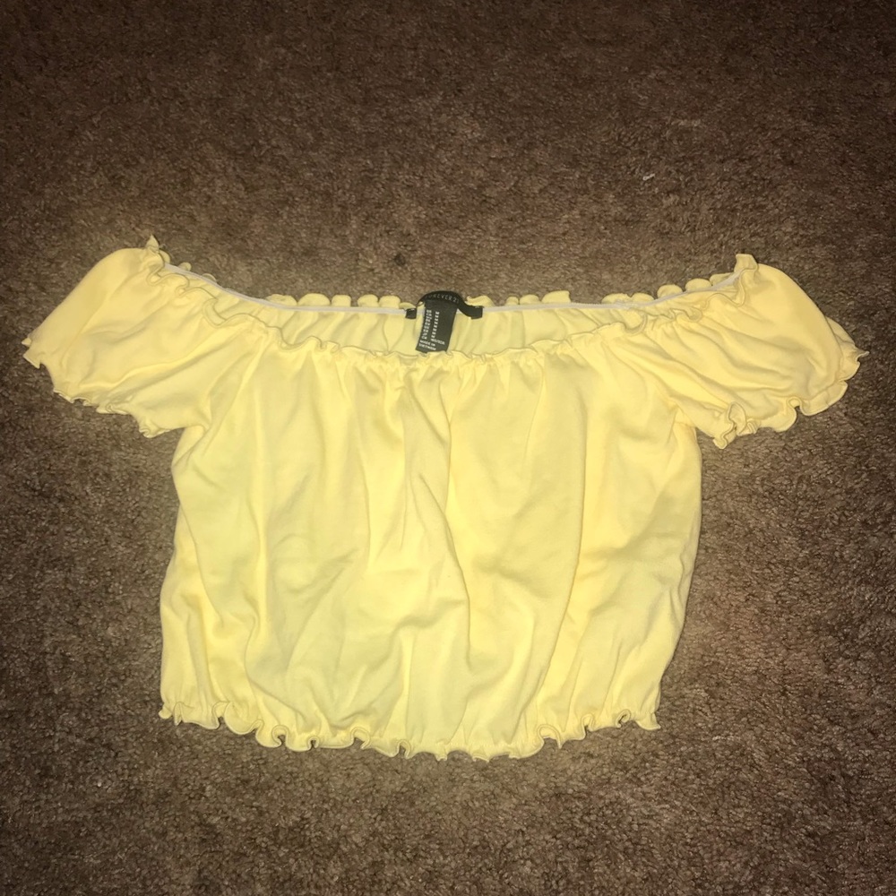 Yellow, ruffled, off the shoulder, crop top.